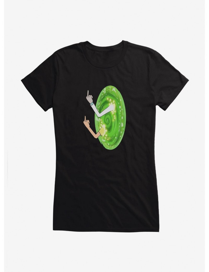 Clearance Rick and Morty Portal Middle Finger Girls T-Shirt $6.57 T-Shirts