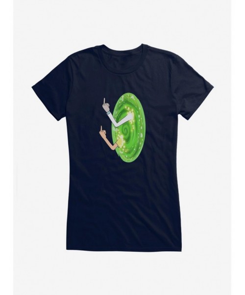 Clearance Rick and Morty Portal Middle Finger Girls T-Shirt $6.57 T-Shirts